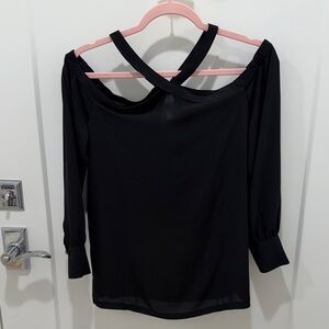 LOFT Black Off-Shoulder Top with Crossed Back Straps